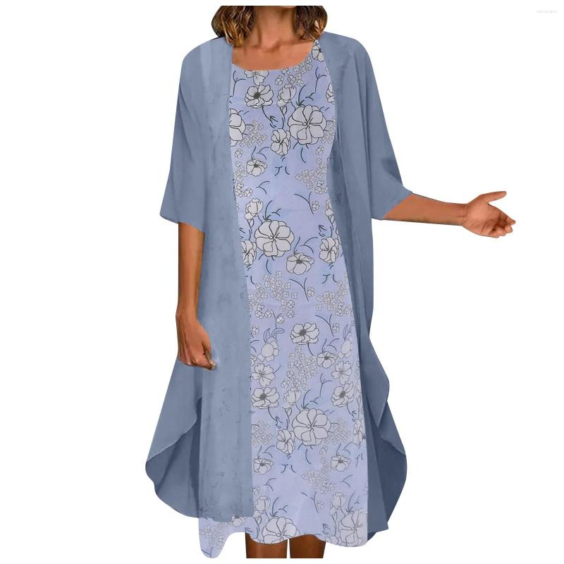 

Casual Dresses Middle Age Mother Summer Dress Two Piece Set 2023 Fashion Women Chiffon Tank And Outerwear Vestidos, Blue