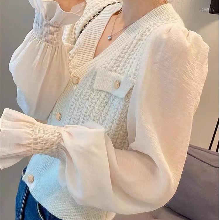 

Women's Knits Super Fairy Gentle Top Ruffled Patchwork Knitting Shirt Women Spring Niche High Sense French Style V-neck Chiffon Cardigan, White