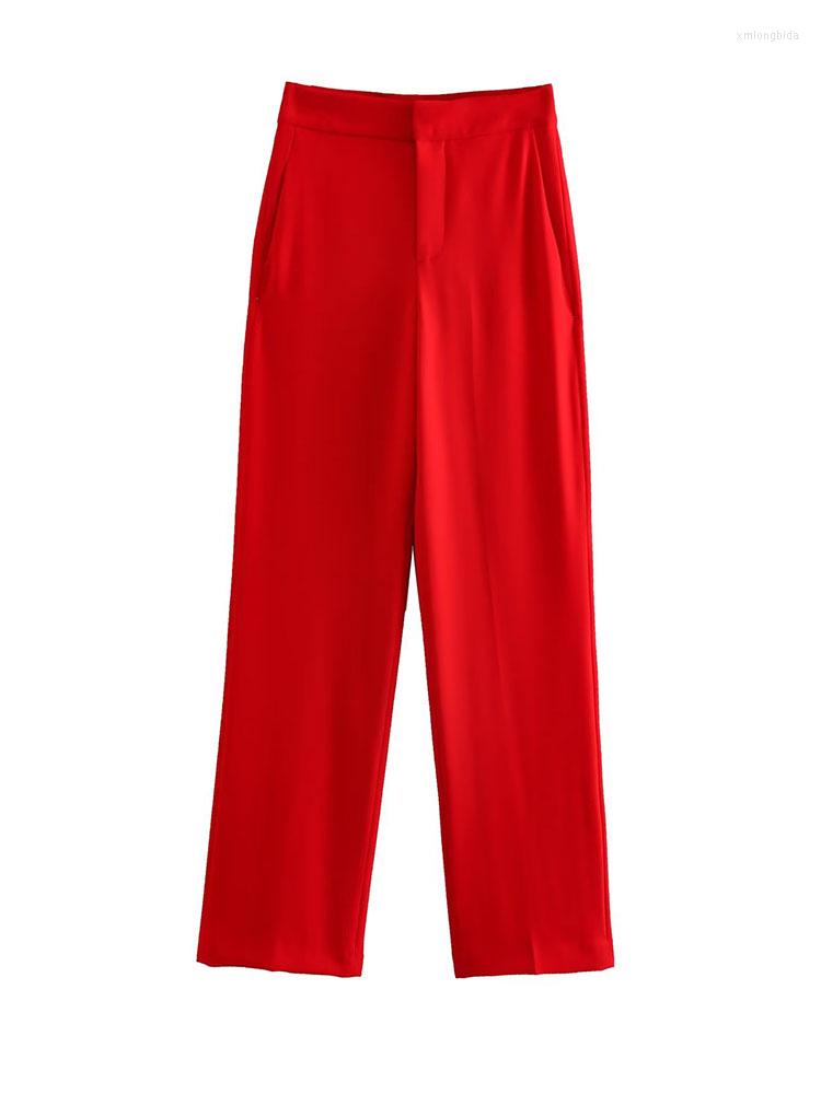

Women's Pants Women 2023 Chic Fashion Side Pockets Loose Wide Leg Vintage High Elastic Waist Red Trousers Mujer