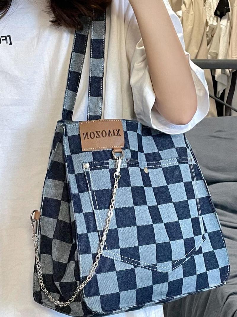 

Evening Bags JIAERDI Plaid Denim Handbags Women 2023 Large Capacity Casual Canvas Tote Ladies Harajuku Aesthetic Shoulder Bag Y2k, Deep blue