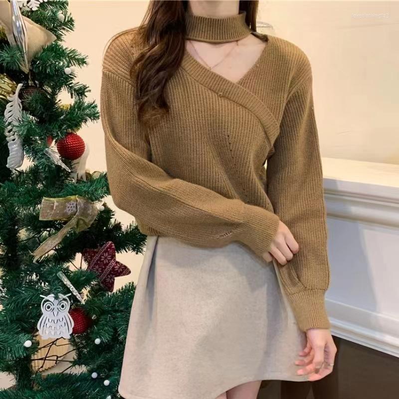 

Women's Sweaters Bubble Sleeve Sweater Women 2023 Halter Pullover Long V Neck Sexy Knitted Solid Jumper Knitwear Clothes I781, Blue