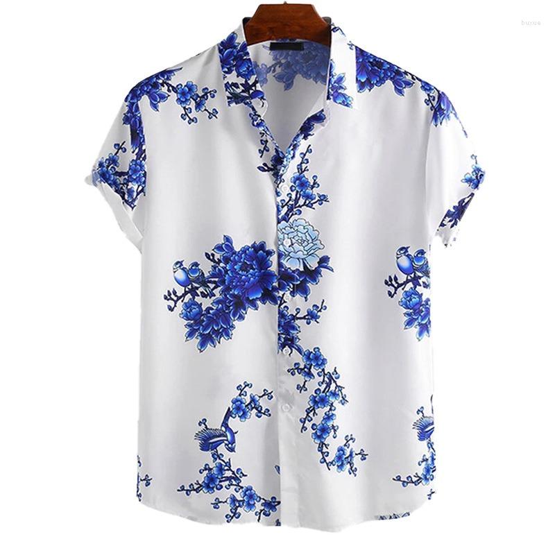 

Men's Casual Shirts Ink Painting Plum Flower Print Shirt Men's Lapel Beach Short Sleeve, Grey
