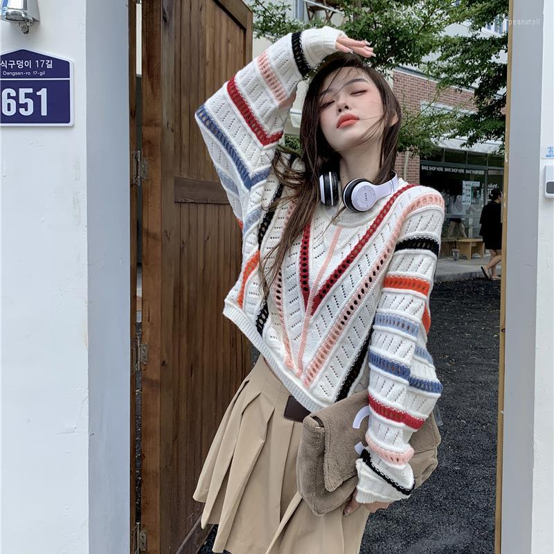 

Women's Sweaters Autumn 2023 Winter Harajuku Korean Fashion Personality Sweet Vintage Tops Hollow Rainbow Striped Knitted Sweater Women, Multi