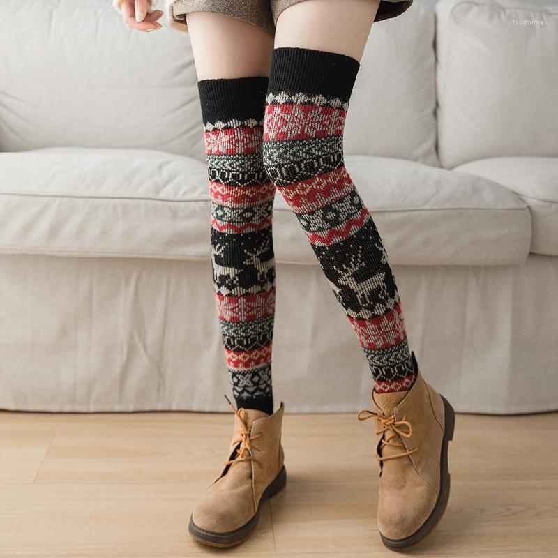

Women Socks Fawn Snowflake Print Stockings Over-The-Knee High Leggings Wool Thermal