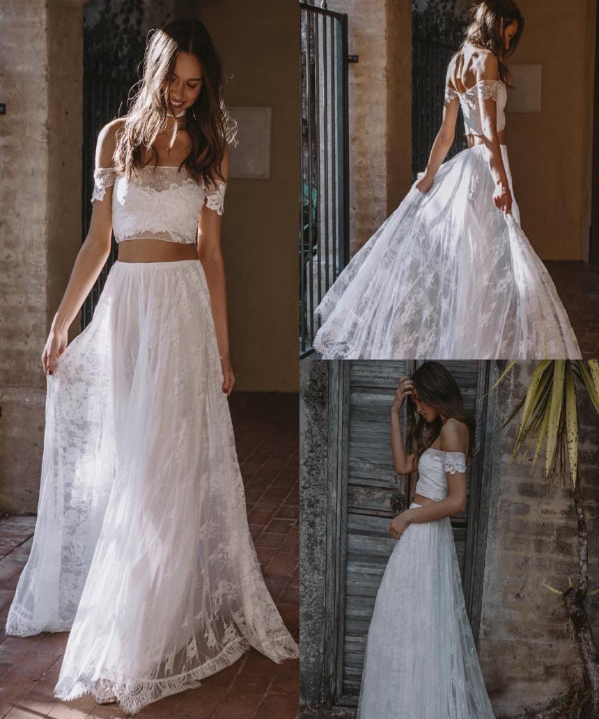 

2019 Bohemian Wedding Dresses A Line Two Pieces Off The Shoulder Lace Appliques Boho Bridal Gowns Sweep Train Plus Size Wedding Dr3206615, Pink