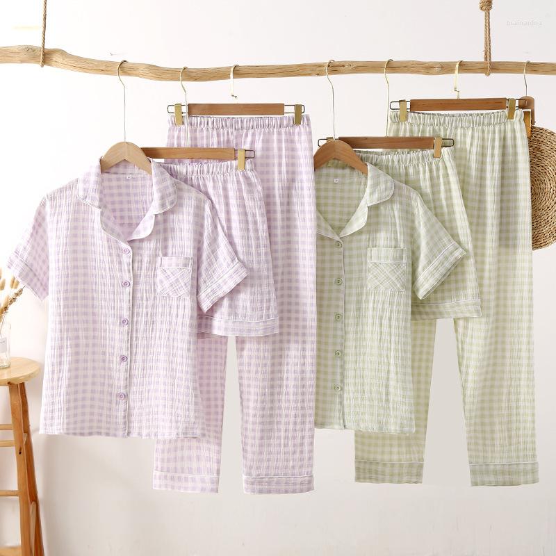 

Women's Sleepwear Spring Plaid Pyjama Female Cotton Crepe Pijamas Mujer Clothes Short Sleeve Thin Soft 3 Piece Set Pajamas For Women, 3 pcs -green plaid