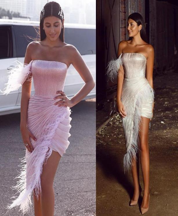 

One Shoulder Mini Prom Dresses Sleeveless Feathers Ruched Satin Sheath Party Gowns Knee Length Prom Gowns5707273, Dark green