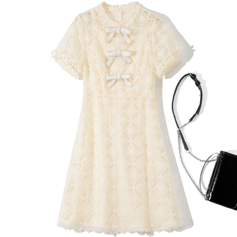 

2023 Summer Beige Paisley Panelled Bow Dress Short Sleeve Round Neck Short Casual Dresses Y3L266774