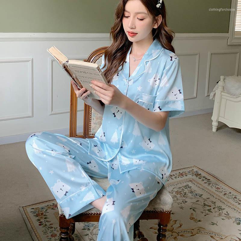 

Women's Sleepwear Fashion Printed Ladies Pajamas Set Sweet Cute Nightwear Casual Home Wear Short Sleeve Trousers Two-Piece Loungewear, Flowers