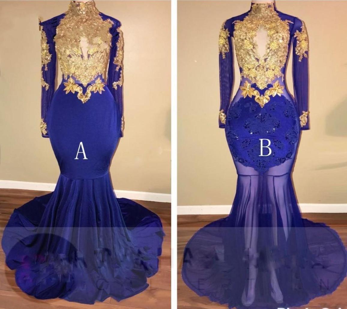 

Royal Blue Gold Appliques Mermaid Prom Dresses Long 2019 New Sheer Long Sleeve Keyhole Prom Dress for Black Girl vestidos de novia6638393, Same as image