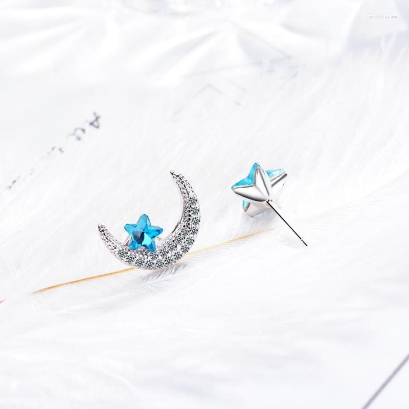 

Stud Earrings Sole Memory Fresh Blue Stars Moon Asymmetrical Crystal Silver Color Personality Fashion Female SEA393