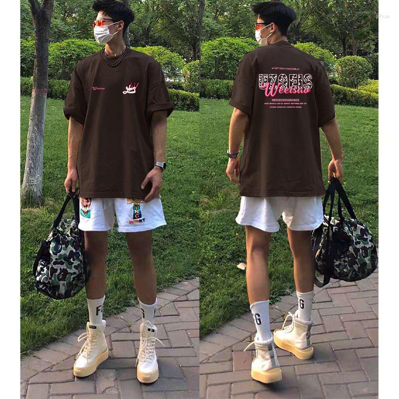 

Men' T Shirts American Hip Hop Tide Brand Cotton Brown Short Sleeved T-shirt Men High Street Retro Oversize Heavy Ruffian Handsome Y2k Top, Black