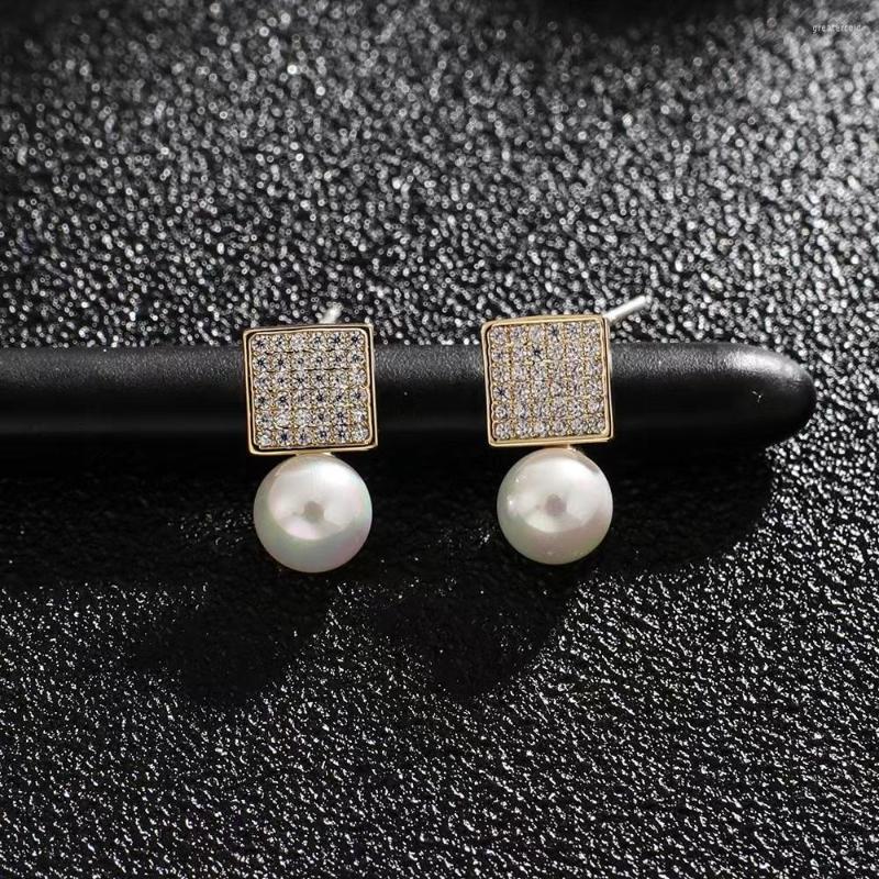 

Stud Earrings Exquisite Square Pearl For Women Girls With Cubic Zirconia Real Gold-plated Geometric Earring Fashion Jewelry