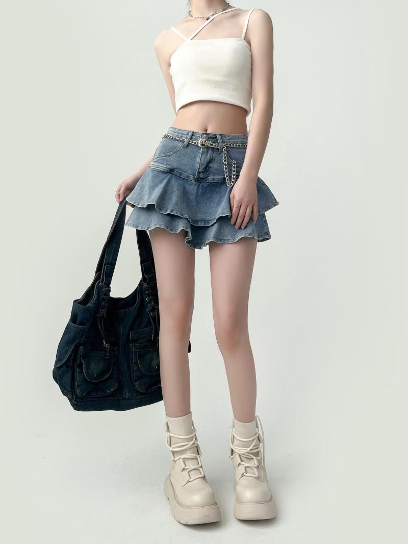 

Skirts High Waist Ruffles Cake Denim Skirt For Woman 2023 Summer Bubble Jean Mini, Blue