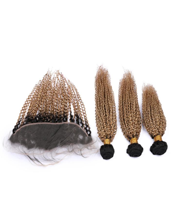 

Two Tone Honey Blonde Hair With Lace Frontals Brazilian Virgin Hair Weaves With Full Lace Frontal Closure 27 Blonde Kinky Curly O3592124, Ombre color