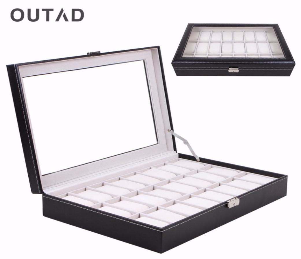 

OUTAD Casket 24 Grid Watch Box Glass Black Leather Wristwatch Storage Case Organizer Classical Holder Foam Pillow7239890
