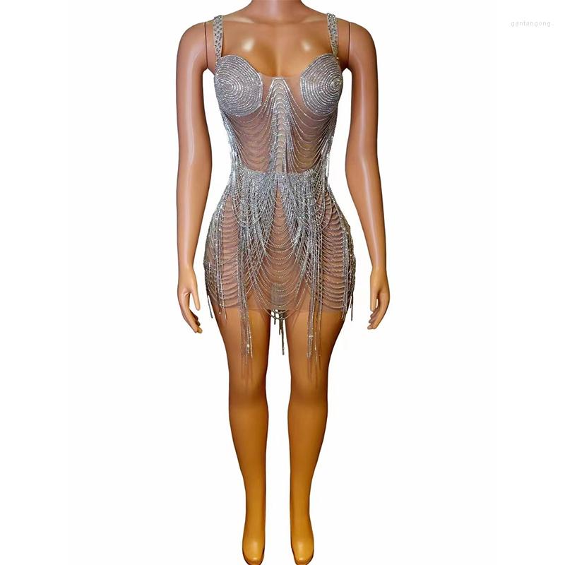

Stage Wear Women Sexy Sparkly Silver Rhinestones Chains Transparent Dress Evening Birthday Prom Party Crystals Fringes Outfit Show