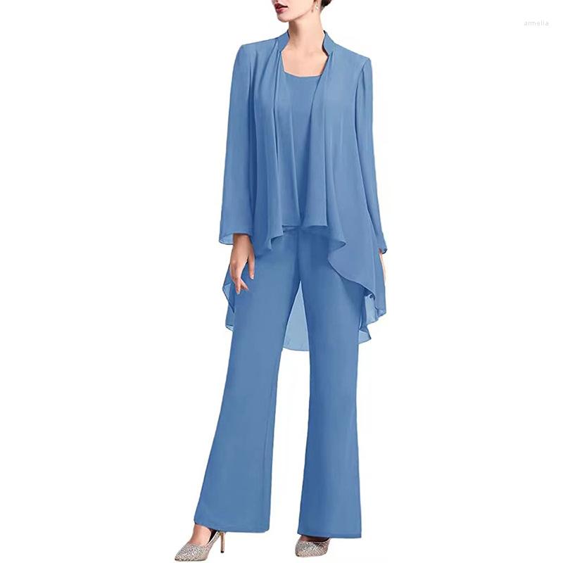 

Women's Two Piece Pants Chiffon Bride Mother Set 3-piece Wedding Formal Costume Women's Evening Dress, Navy blue