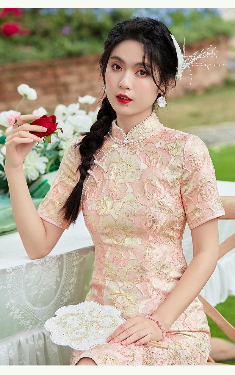 

Ethnic Clothing Chinese Style Rose Flowers Jacquard Weave Lady Summer Dresses Qipao