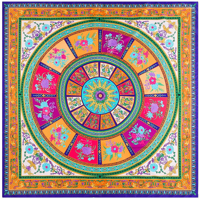 

Scarves Square Silk Scarf Women Satin Flower Disc Print Hijab Muslim Pareo Bandana Female Shawl Foulard 130X130Cm