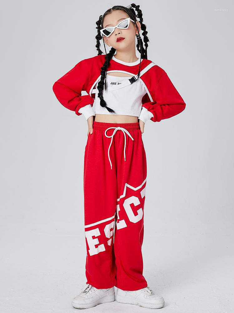 

Stage Wear Hip Hop Girls Clothes Jazz Dance Crop Tops Long Sleeves Suit Loose Pants Kids Street Costume Kpop Outfit DNV17168, Orange pants