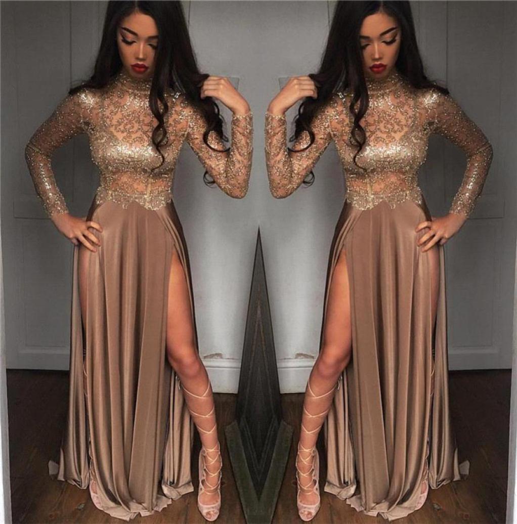 

2019 African Gorgeous sexy Beaded Champagne Sequined Evening Dresses Long Sleeves Prom Gowns Vestidos Special Occasion Dresses Eve6801697, Dark green