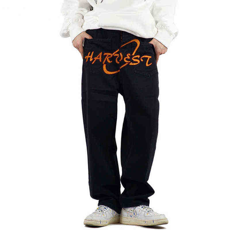 

Embroidery Colorful Letter Denim Pants Mens High Street Baggy Straight-leg Pants Streetwear Casual Black Pants Trousers Men T220803