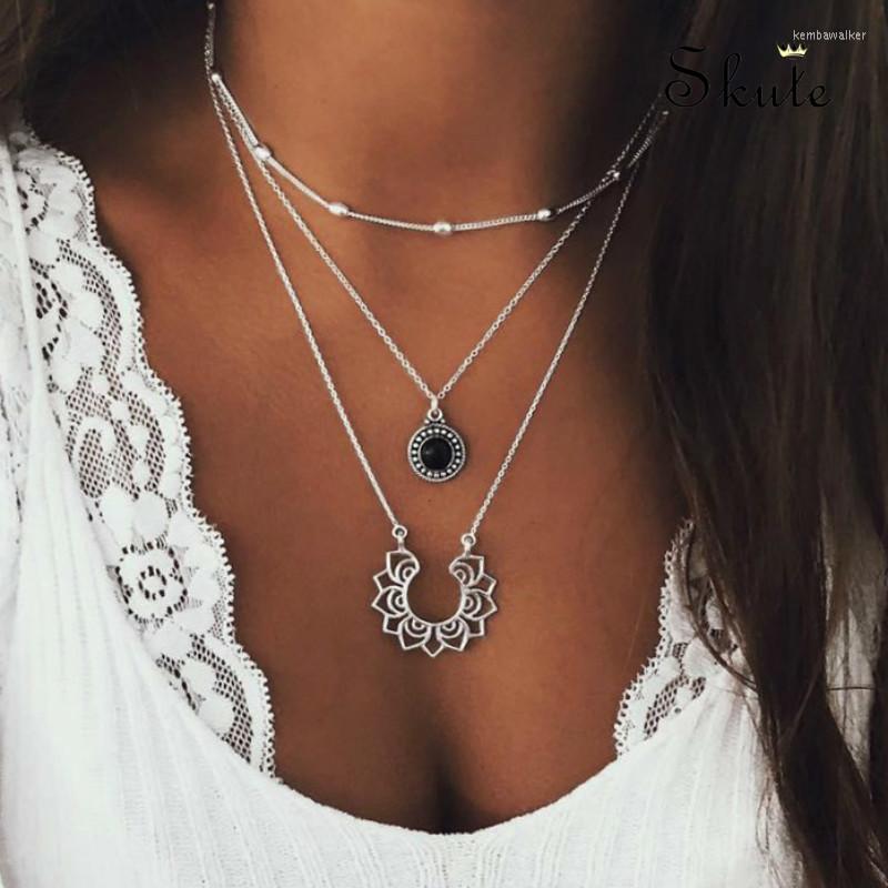 

Pendant Necklaces Skute Boho Vintage Silver Color Beads Flower Retro Multilayer For Women Trendy Choker Ethnic Jewelry