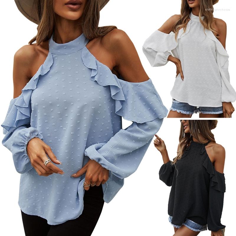 

Women' T Shirts Womens Puff Long Sleeve Halter Neck Ruffle Trim Sexy Cold Shoulder Pullover Tops Solid Color For SWISS Dots Blous 10CF, Black