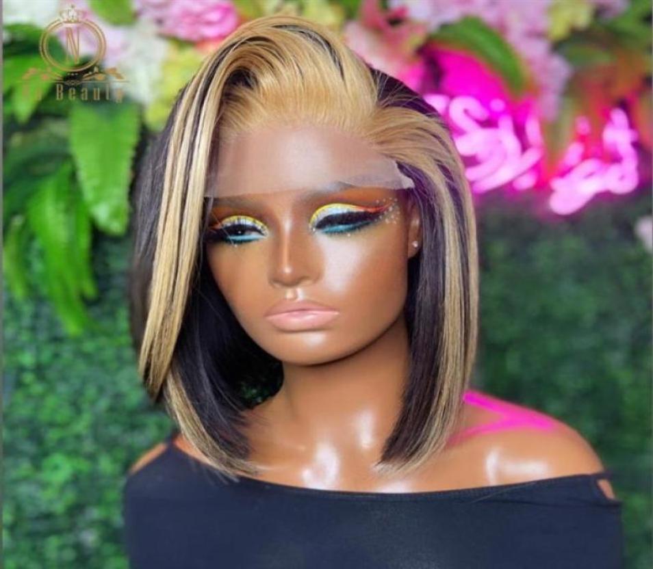 

Lace Wigs Highlight Blonde Colored Blunt Cut Short Bob 13x6 Front Human Hair For Black Women HD Frontal Wig Nabeauty99437119110110, Mix color