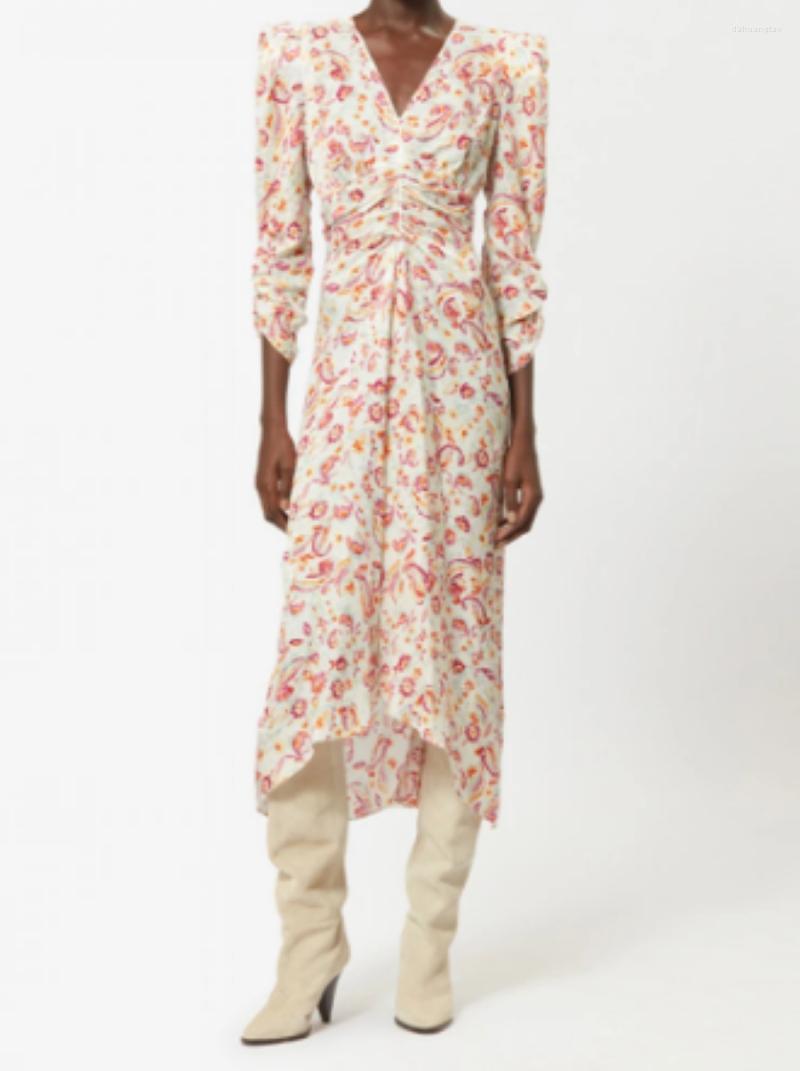 

Casual Dresses Women's Floral Print Shoulder Pad V-Neck Irregular Hem Holiday 2023 Summer Viscose Midi Dress
