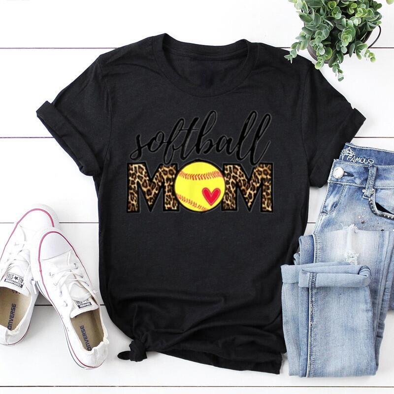 

Women's T Shirts Softball Mom Leopard Shirt Round Neck Aesthetic Baby Mama Cotton Plus Size Short Sleeve Top Tees Streetwear Y2k, Black