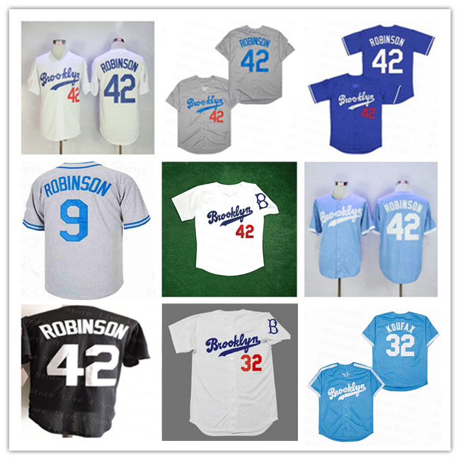 

Men Retro 42 Jackie Robinson Baseball Jersey 32 Sandy Koufax Brooklyn 2018 Hall Of Fame Vintage Shirt Stitched Blue White Grey Cream Black S-3XL, Men retro light blue