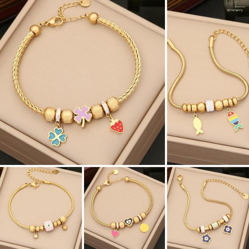 

Strand 316L Stainless Steel Beaded Colorful Heart Flower Charm Bracelet For Women Girls Vintage Wrist Chain Jewelry Party Gifts