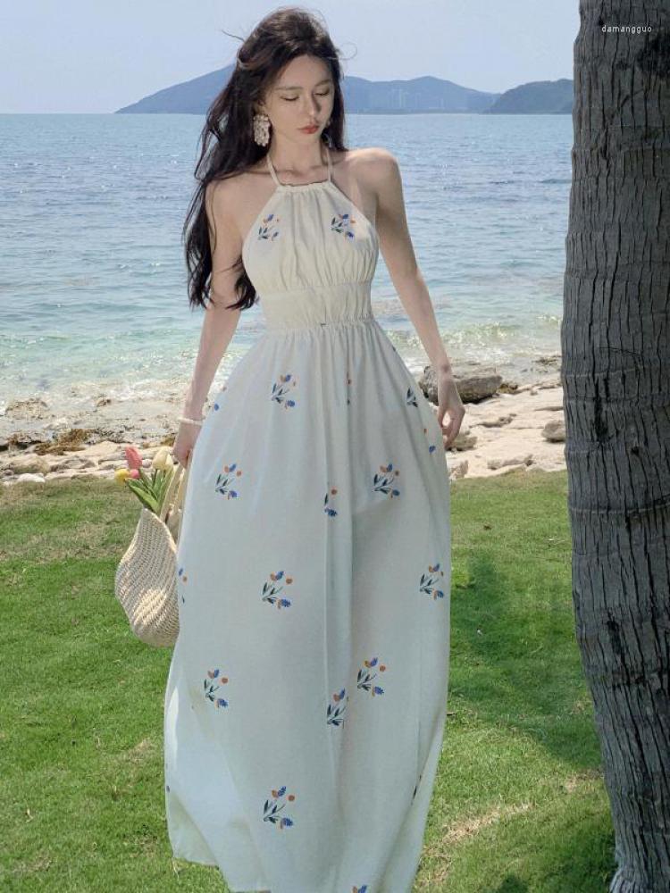 

Casual Dresses White Sexy Halter Bandage Print Dress Women 2023 Summer Elegant Evening Party Long Backless Fashion Female Chic French