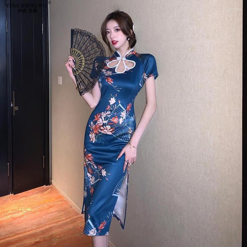

Ethnic Clothing Cheongsam Long Dress Printed Short-sleeved Hollow Shoulder Slit Temperament Elegant Mid-length Blue