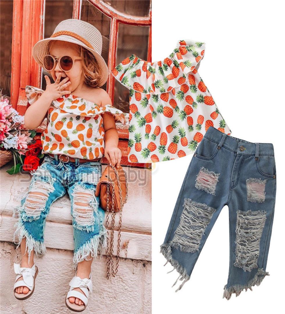 

2PCS Baby Girls Toddler Pineapple Clothes Kids Off Shoulder Tops Ripped Denim Shorts Outfits Set A8231742320, Brown