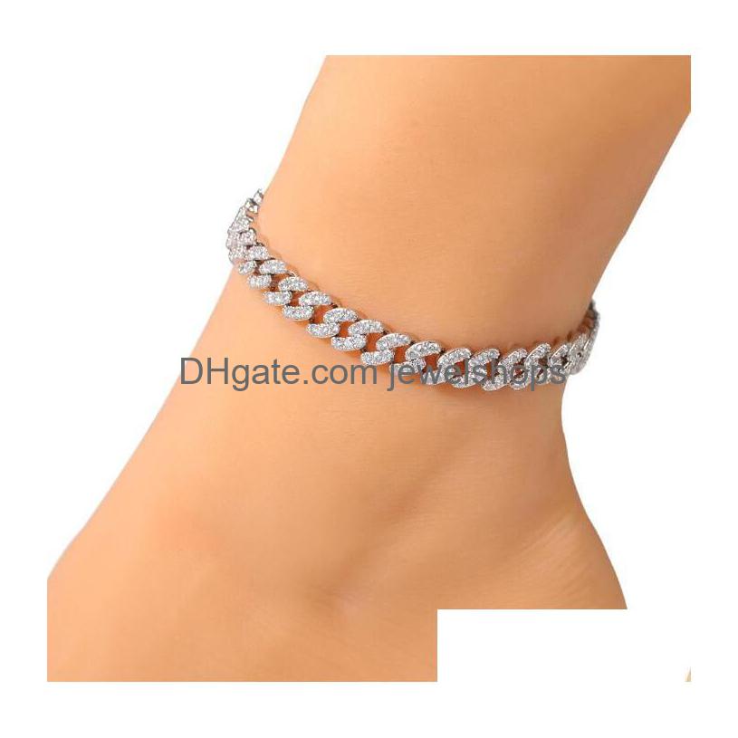 

Anklets Women Bracelet Iced Out Cuban Link Bracelets Gold Sier Pink Diamond Hip Hop Anklet Chain Jewelry Drop Delivery Dhjes