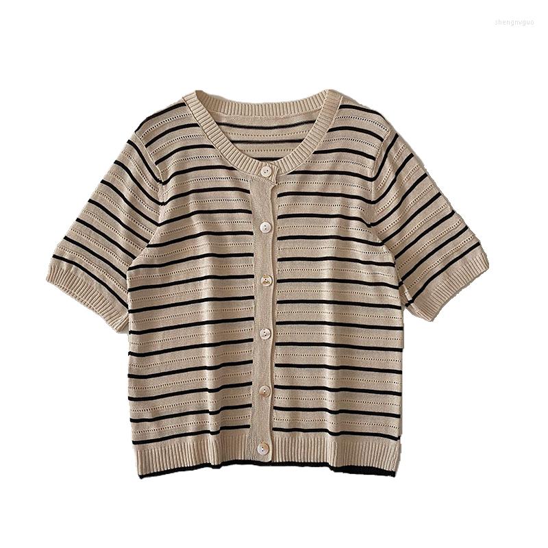 

Women's T Shirts Summer Korean Style Casual Round Neck Short Striped Sleeve Knitted Cardigan T-shirt Women, Black