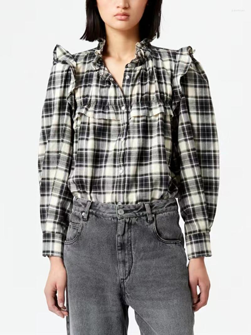

Women' T Shirts Women' Plaid Ruffles Shirt Single Breasted Long Sleeve Early Spring 2023 Vintage Ladies Blouse And Top
