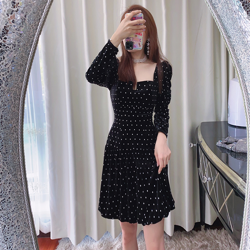 

AUTH S-elf Portrait Black velvet hot drill long sleeve dress slim Cocktail dress