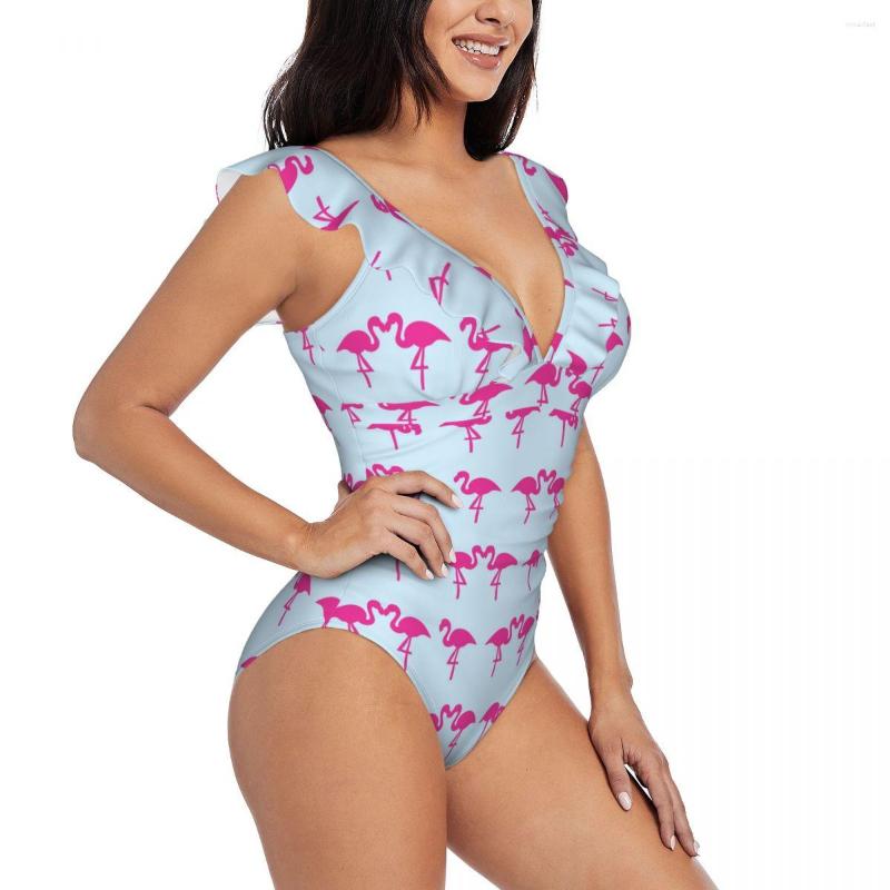 

Women's Swimwear Women One Piece Swimsuit Pink Flamingos Cute Female Swimming Bikinis Push Up Monokini Sexy Ruffle Bathing Suit, Black