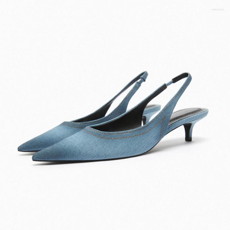 

Dress Shoes TRAF 2023 Blue Cowboy Pointed End Women's Low Heel Pumps Summer Fashion Slingback Women Sexy Slender Mules, Denim blue