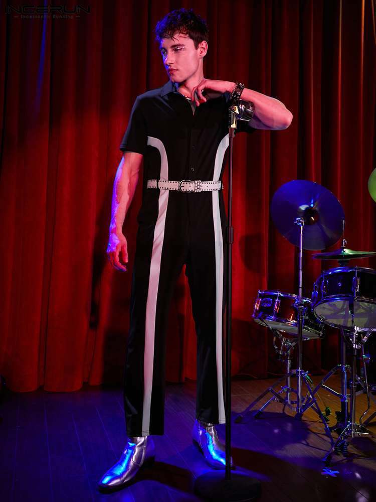 

Men' Jeans Men Patchwork Jumpsuits Lapel Short Sleeve Streetwear 2023 Button Casual Rompers Fashion Leisure Overalls Hombre S5XL INCERUN 7 230628, Black