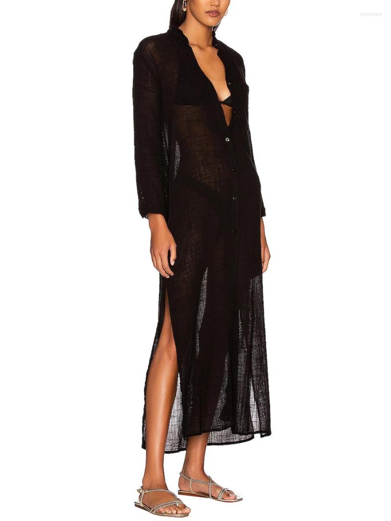 

Women' Swimwear Women Bikini Cover-Ups Solid Color See-Through Long Sleeve Sunscreen Shirts Turn-Down Collar Button-Down Beach Dress, White