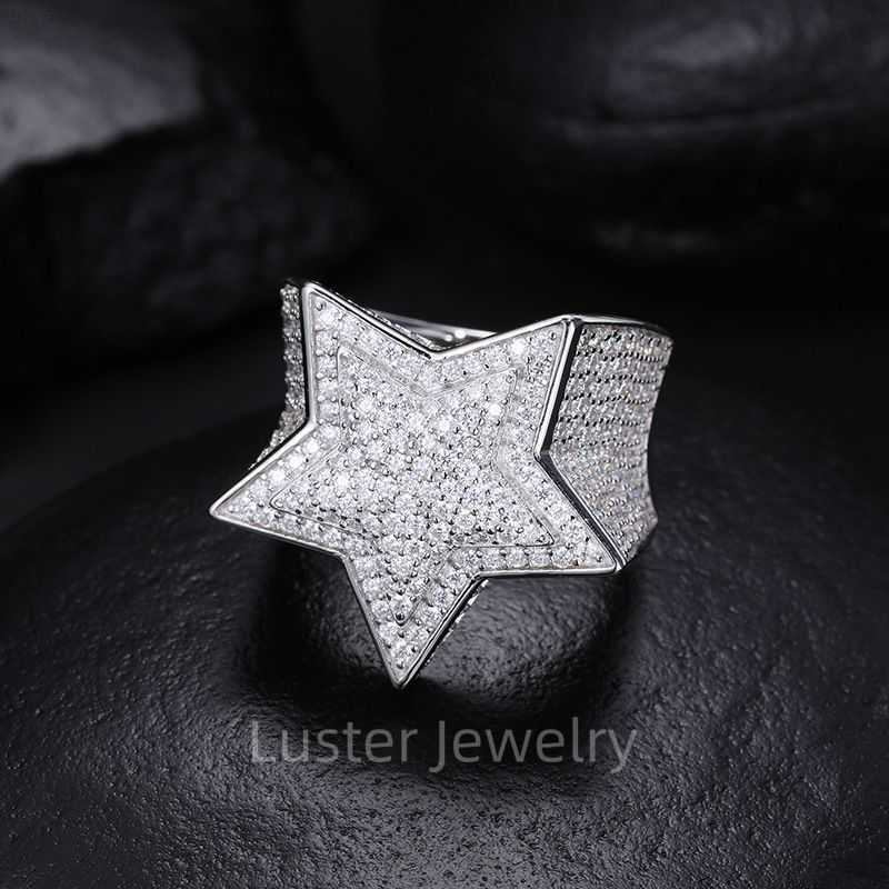 

Hip Pop Style Yellow Gold Plating 925 Silver Star Shape Tested Positive 1.5mm Melee Round Moissanite Man Ring