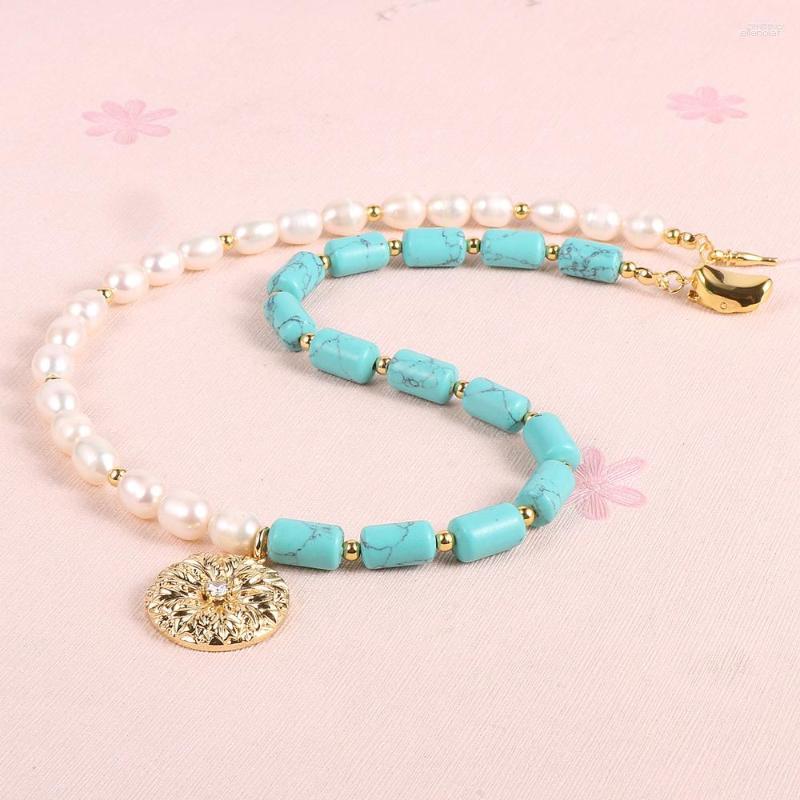 

Choker Fancy Jewellery Women Freshwater Pearl Tube Gemstone Crystal 18K Gold Filled Embossed Flower Coin Pendant Necklace