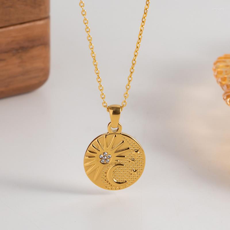 

Pendant Necklaces Minar French Shiny CZ Zircon Sun Moon Round Coin 18K Gold Plating Stainless Steel Choker Necklace For Women