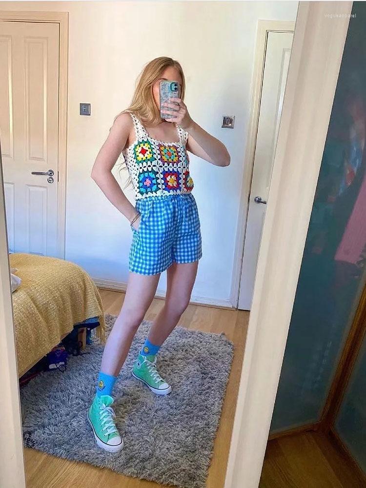 

Women's Tanks Xikom 2023 Summer Women Handmade Hollow Out Crochet Plaid Flower Top Female Sweet Spaghetti Strap Girl Tops, Black