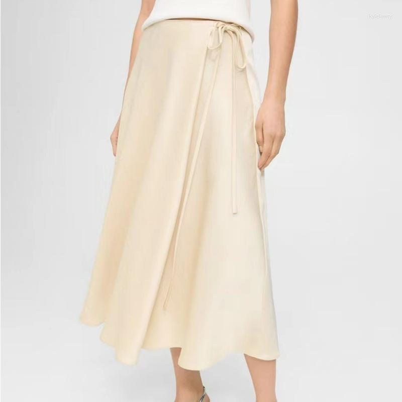 

Skirts 2023 Spring/Summer Women Triacetate Blended Lace Up Side Zipper Commuter Dress, Champagne